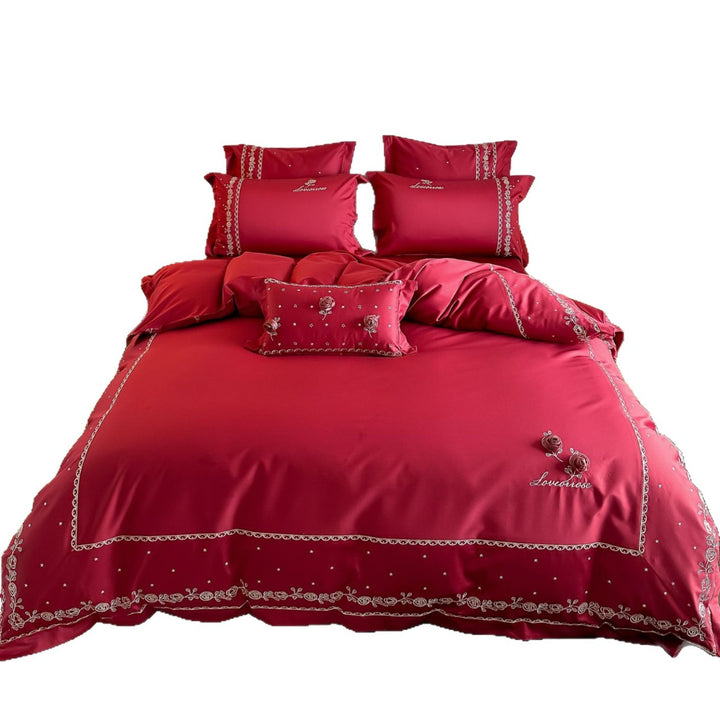 Besticktes Bettbezug-Set aus Baumwollsatin mit 3D-Rosenapplikationen und Zierkante