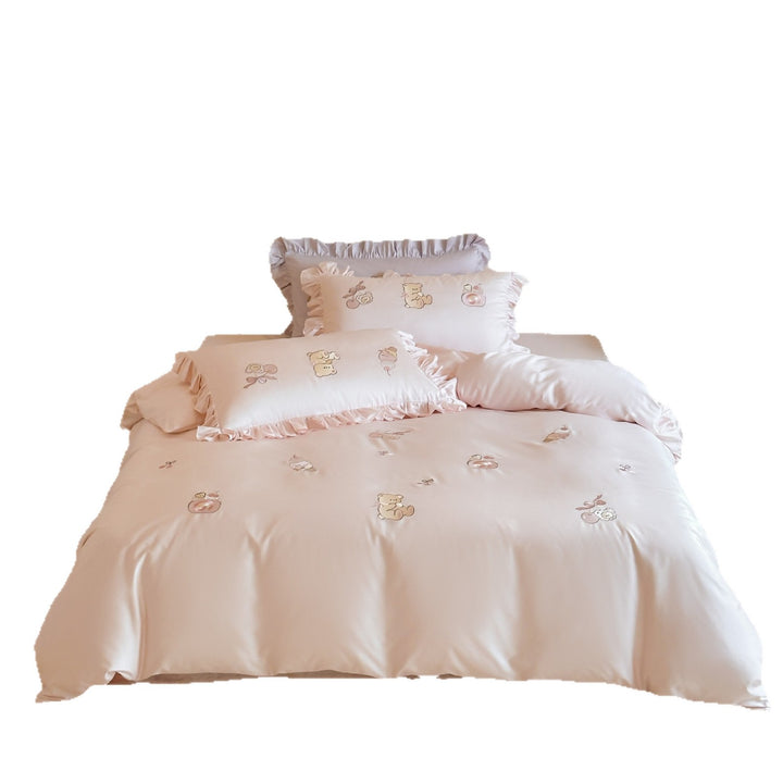 Rüschentiertes besticktes Baumwollsatin-Bettbezug-Set mit Teddy- und Eiscreme-Motiven