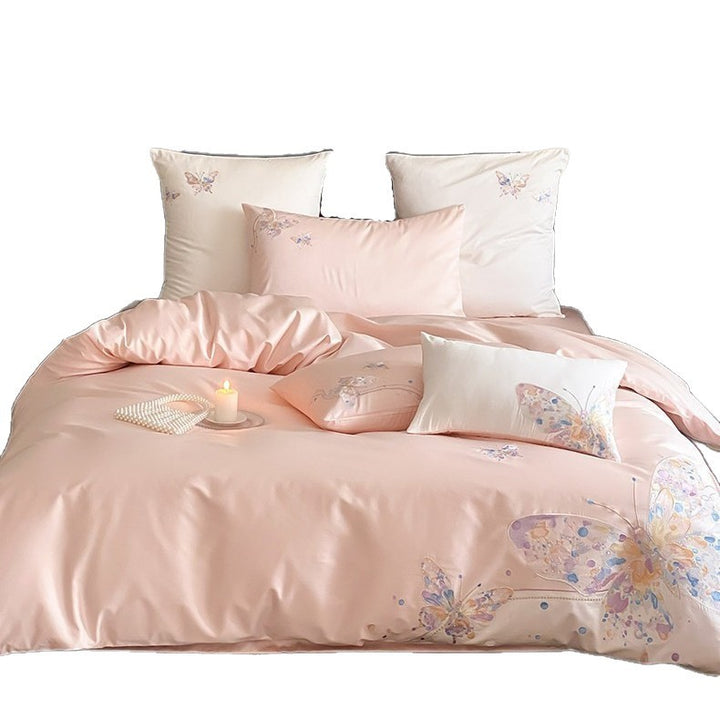 Satin-Feel Schmetterlings bestickte Bettwäsche Set