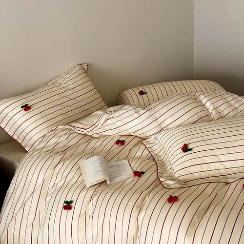 Striped Cotton Sateen Duvet Cover Set with Embroidered Cherry Appliqué and Piped Edge