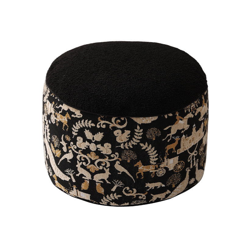 Sitzpouf mit gestepptem Teddy‑Bezug und floraler Jacquard‑Bordüre