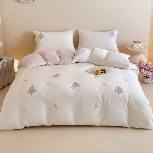 Besticktes Bunny Baumwoll-Bettbezug-Set mit floralem Wellenkissenbezug