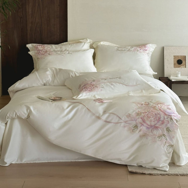 Luxuriöser Seidenglatte Floral Bestickter Bettbezug & Kissenbezug Set