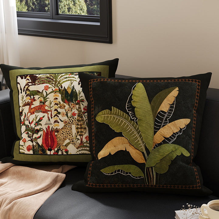 Square Velvet Accent Pillow Cover with Vintage Botanical Tapestry Print and Contrast Border