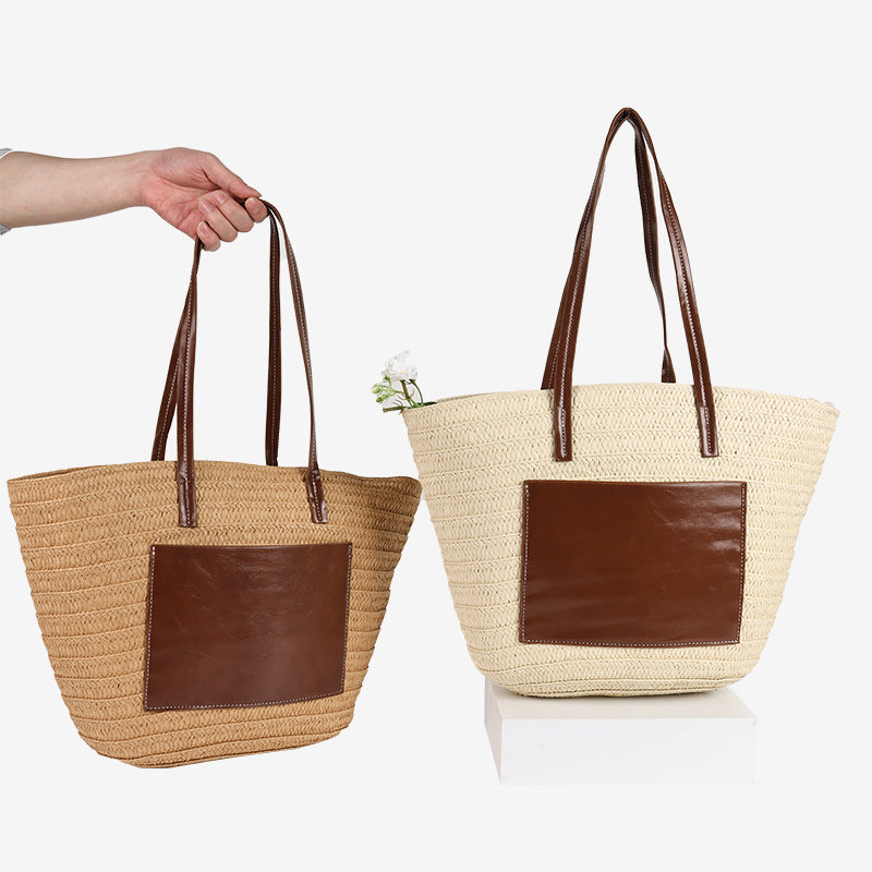 Damen Handgefertigte Tasche aus geflochtenem Naturmaterial mit eleganter Lederapplikation Karnz
