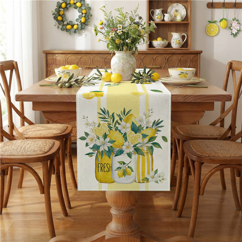 Baumwoll-Leinen Bauernhaus Tischläufer mit Sonnenblume & Bienen Aquarelldruck und gepunktetem Holzmaserung Rand