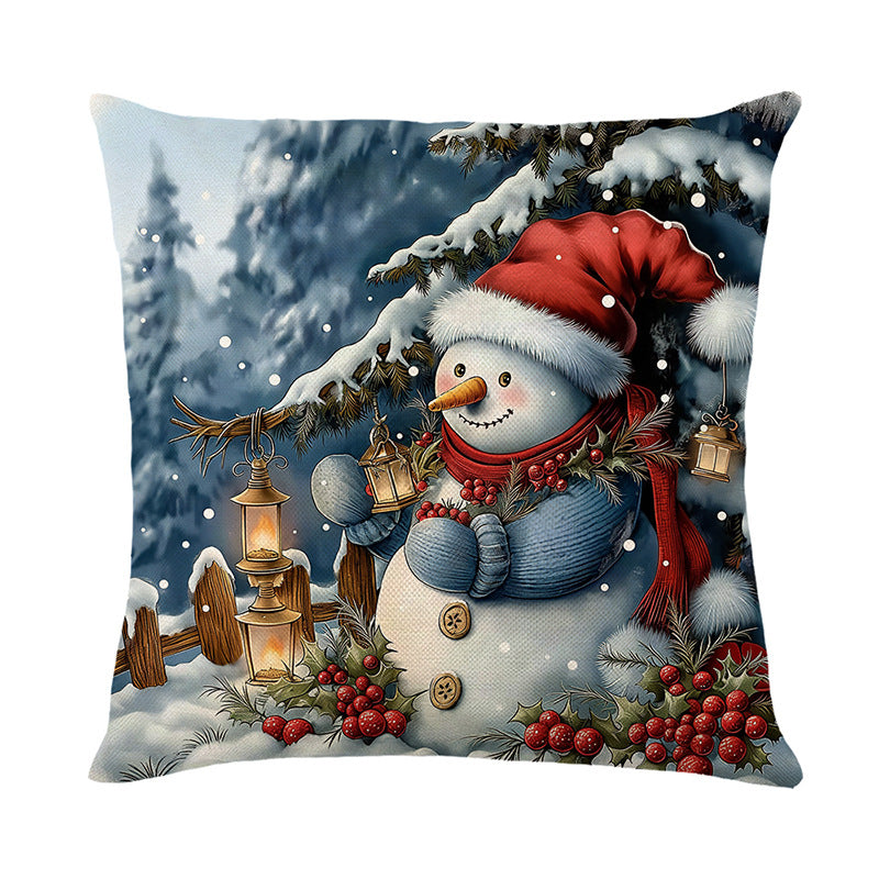 Urlaubsfestliche Leinenmischung Quadratische Kissenbezug mit Schneemann und Winterlandschaft Druck