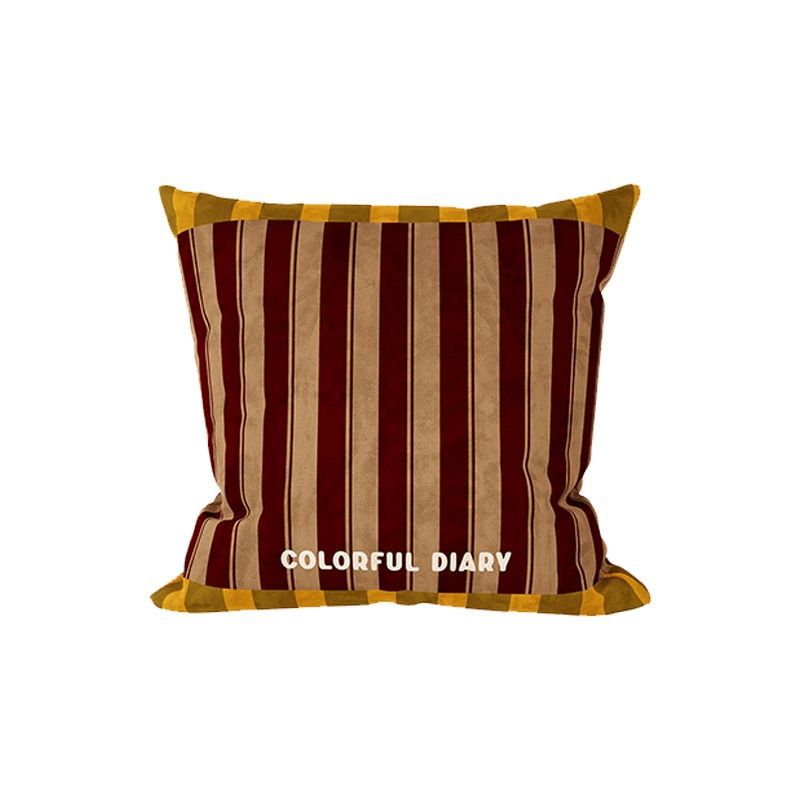 Striped Velvet Square Throw Pillow Cover with Contrast Border and Embroidered Slogan