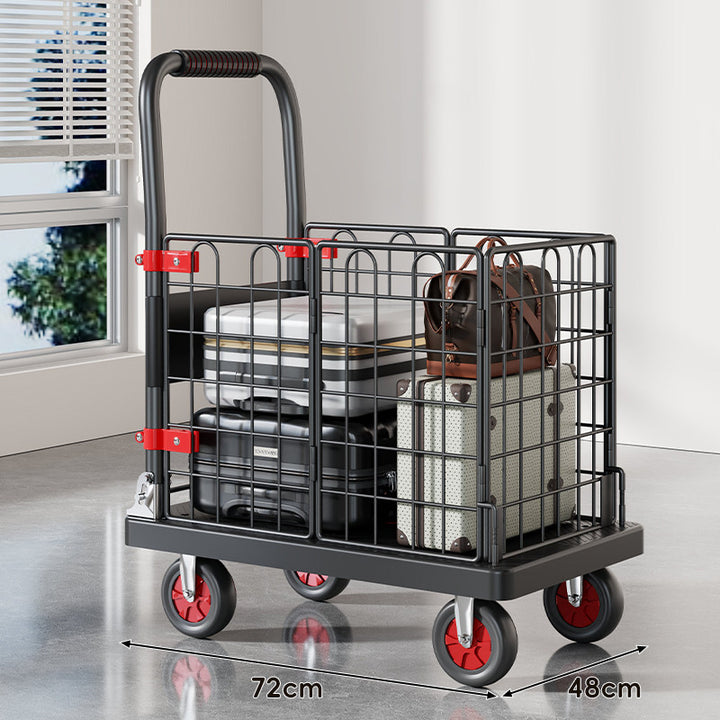 Robuster Plattform-Gepäckwagen mit erhöhtem Sicherheitsgeländer und ergonomischem gepolstertem Griff