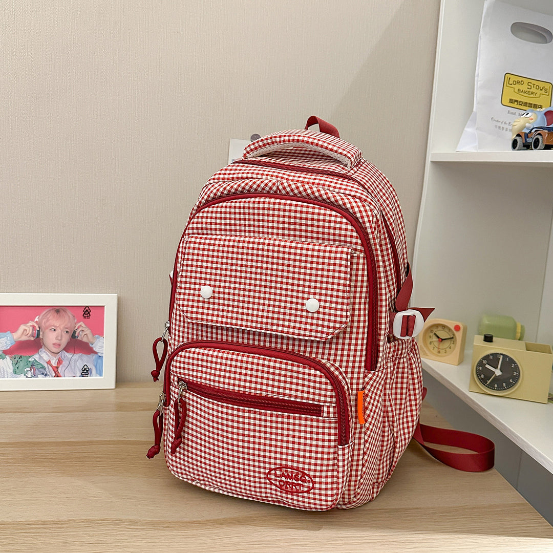 Gingham Print Mehrfach-Taschen Rucksack Karnz