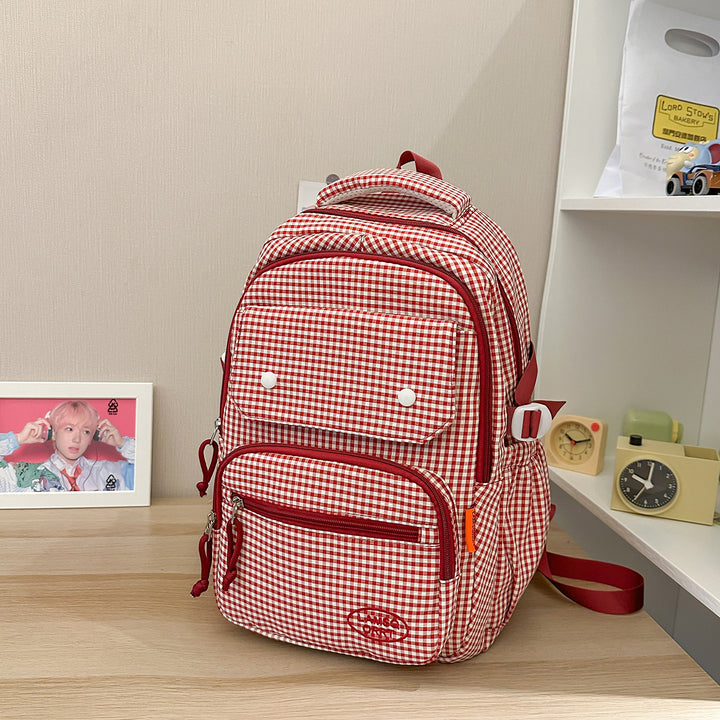 Gingham Print Mehrfach-Taschen Rucksack Karnz