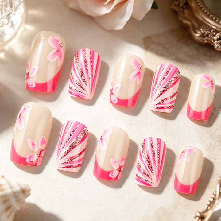 Künstlerische florale Gel Press-On Nägel Karnz