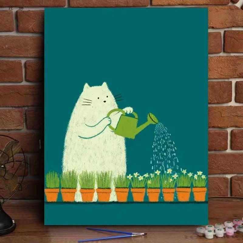 Verspielte Katze gießende Pflanzen Leinwandkunst Karnz