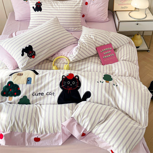 Verspielt Appliqué Katze gestreiftes Bettwäsche Set mit passenden Kissenbezügen