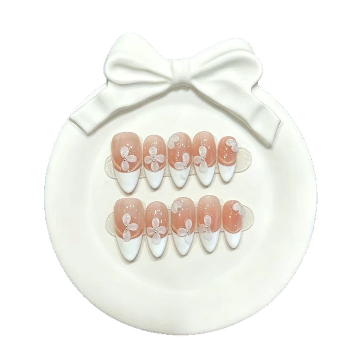 Französische Tip Blumen Press-On Nagel Set