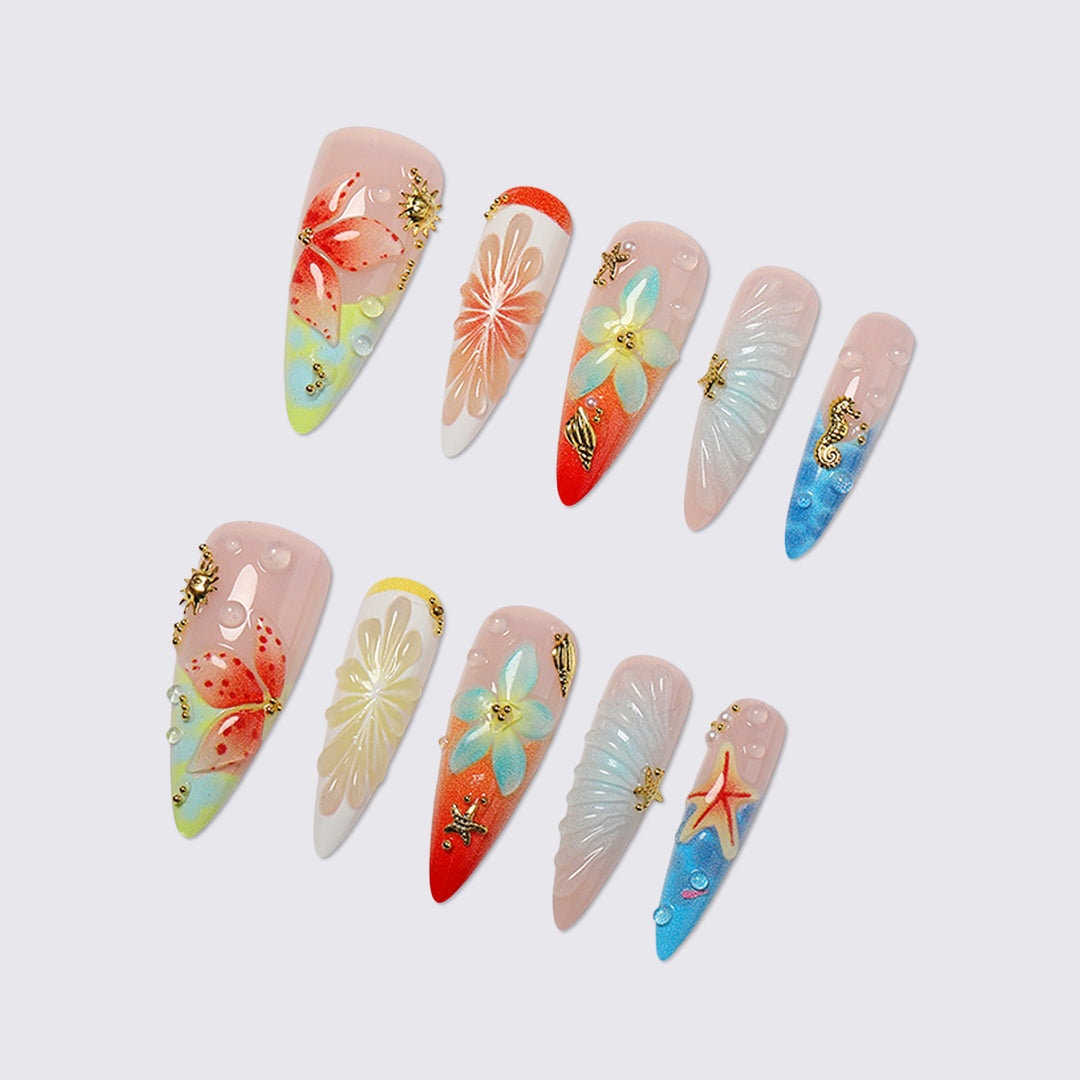 Künstlerisches floral und ozeanisches Press-On Nagelkunstset Karnz