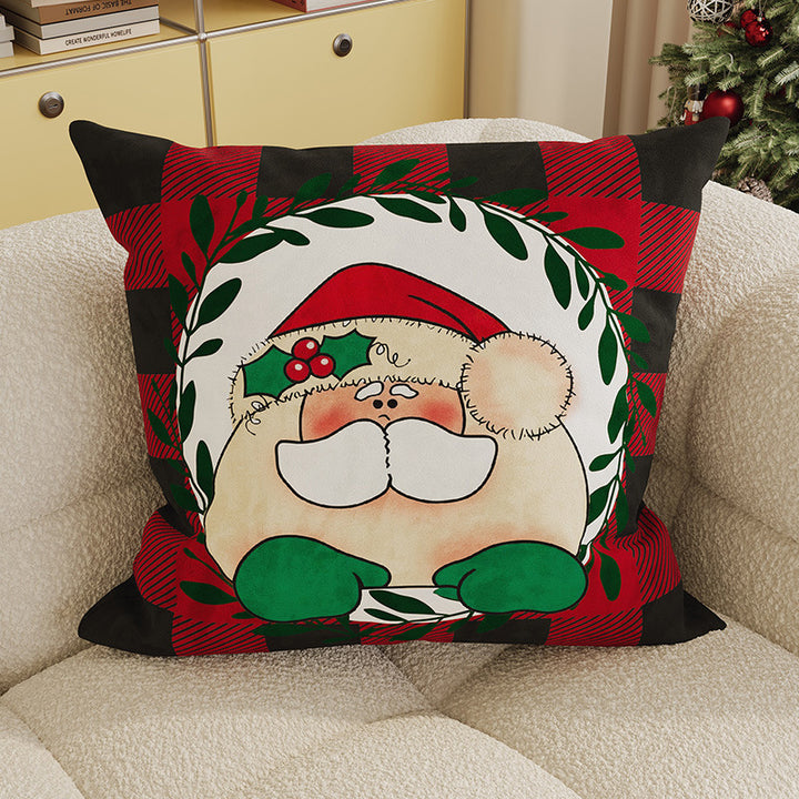 Festive Buffalo Plaid Santa Face Decorative Pillow Cover with Concealed Zipper