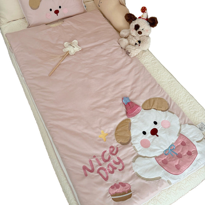 Kinder-Schlafsack und Kissenbezug-Set mit gesteppter Applikation Hundemotiv