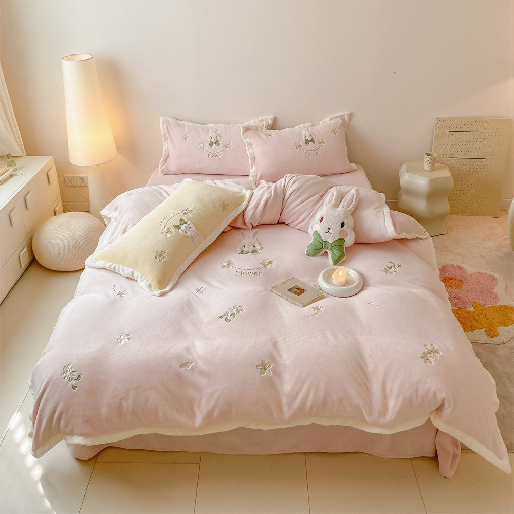 Bestickte Blumen Kaninchen Bettbezug & Kissenbezug Bettwäsche Set