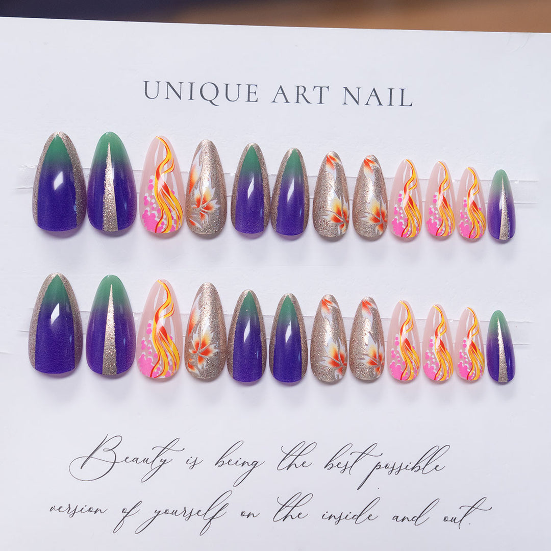 Künstlerische Stiletto Press-On Nagelkunst mit floralen Akzenten