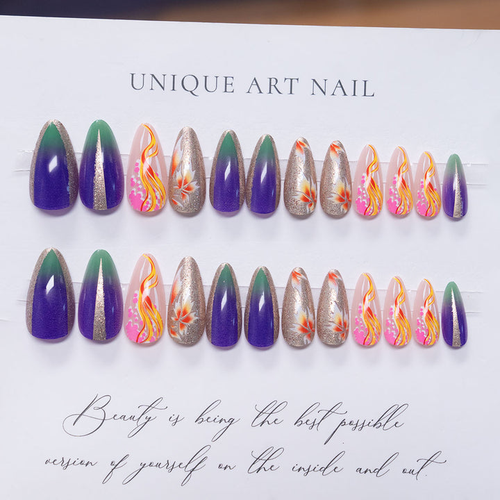 Künstlerische Stiletto Press-On Nagelkunst mit floralen Akzenten