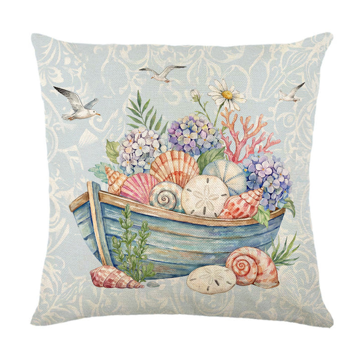 Dekorative Küsten-Leinenkissenhülle mit Aquarell-Muschel-Druck