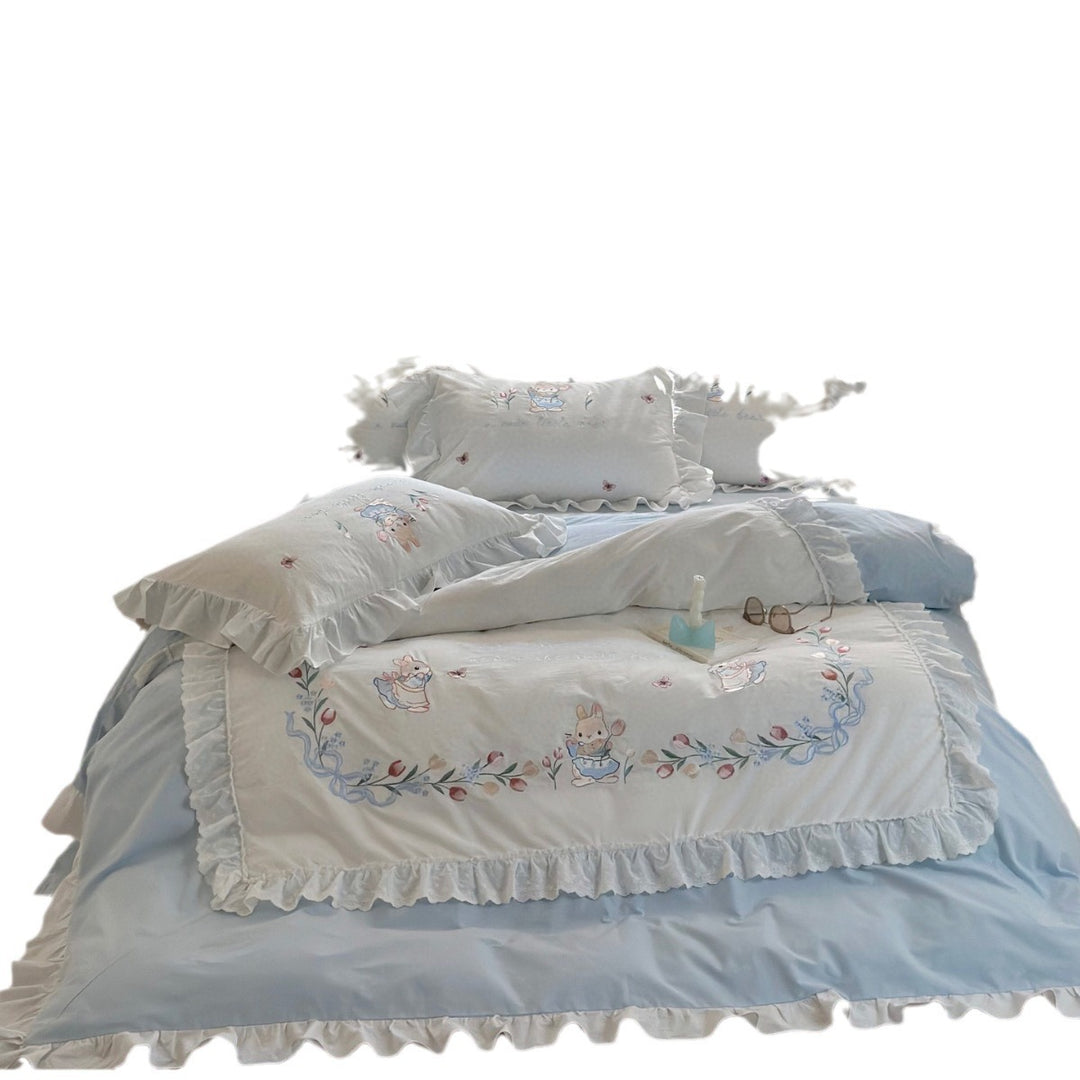 Bestickte Rüsch Baumwoll Bettbezug Set mit Hasenmotiv