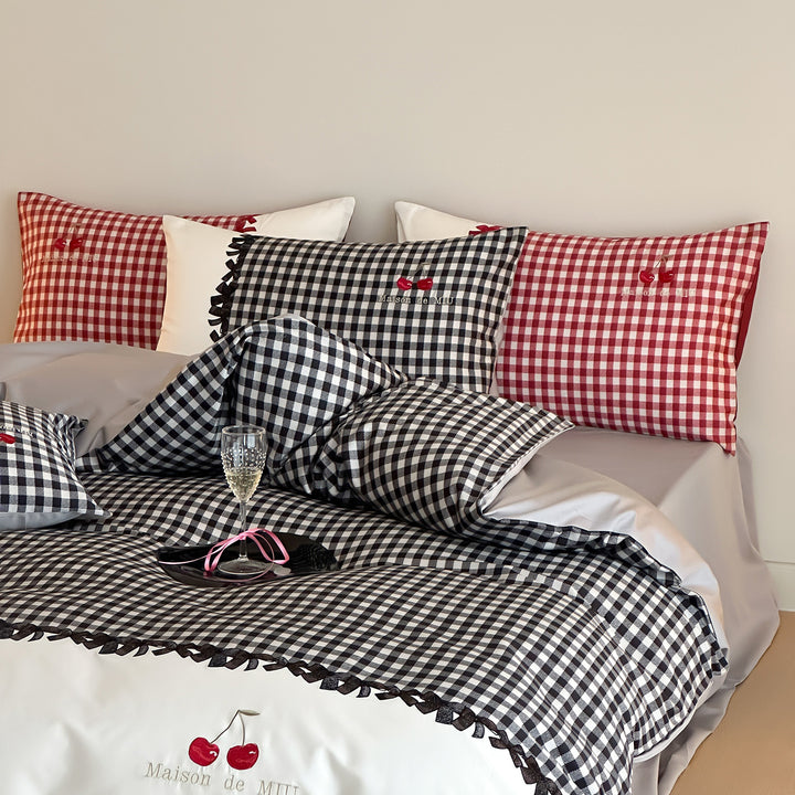 Gingham Besticktes Rüsch Bettbezug Set