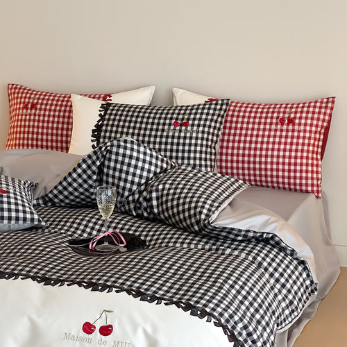 Gingham Besticktes Rüsch Bettbezug Set