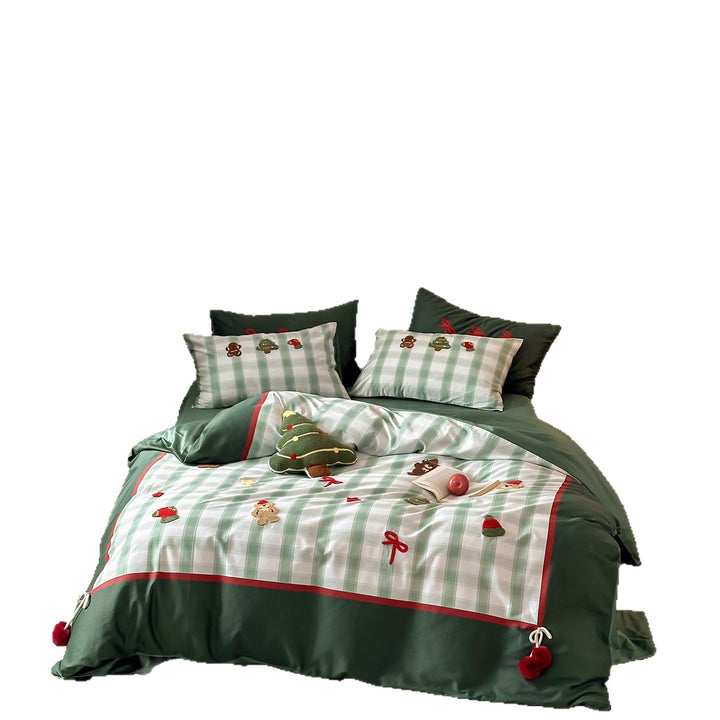 Weihnachtliche Baumwollsatin-Bettwäschegarnitur mit kariertem Patchwork, gestickten Applikationen und Pompon-Details Karnz