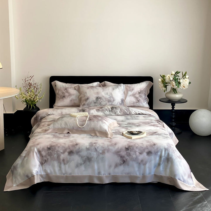 Luxuriöses Baumwollsatin-Bettwäsche-Set mit Aquarell-Marmorprint und feiner Saumkante