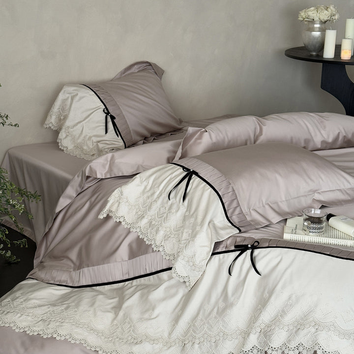 Romantic Lace-Trim Satin-Feel Duvet Cover Set with Bow-Tie Ribbon Accents