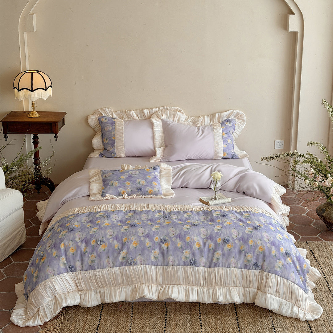 Floral Rüsch Baumwollsatin Bettbezug Set mit gefälteltem Saum und wendbaren Kissenbezügen