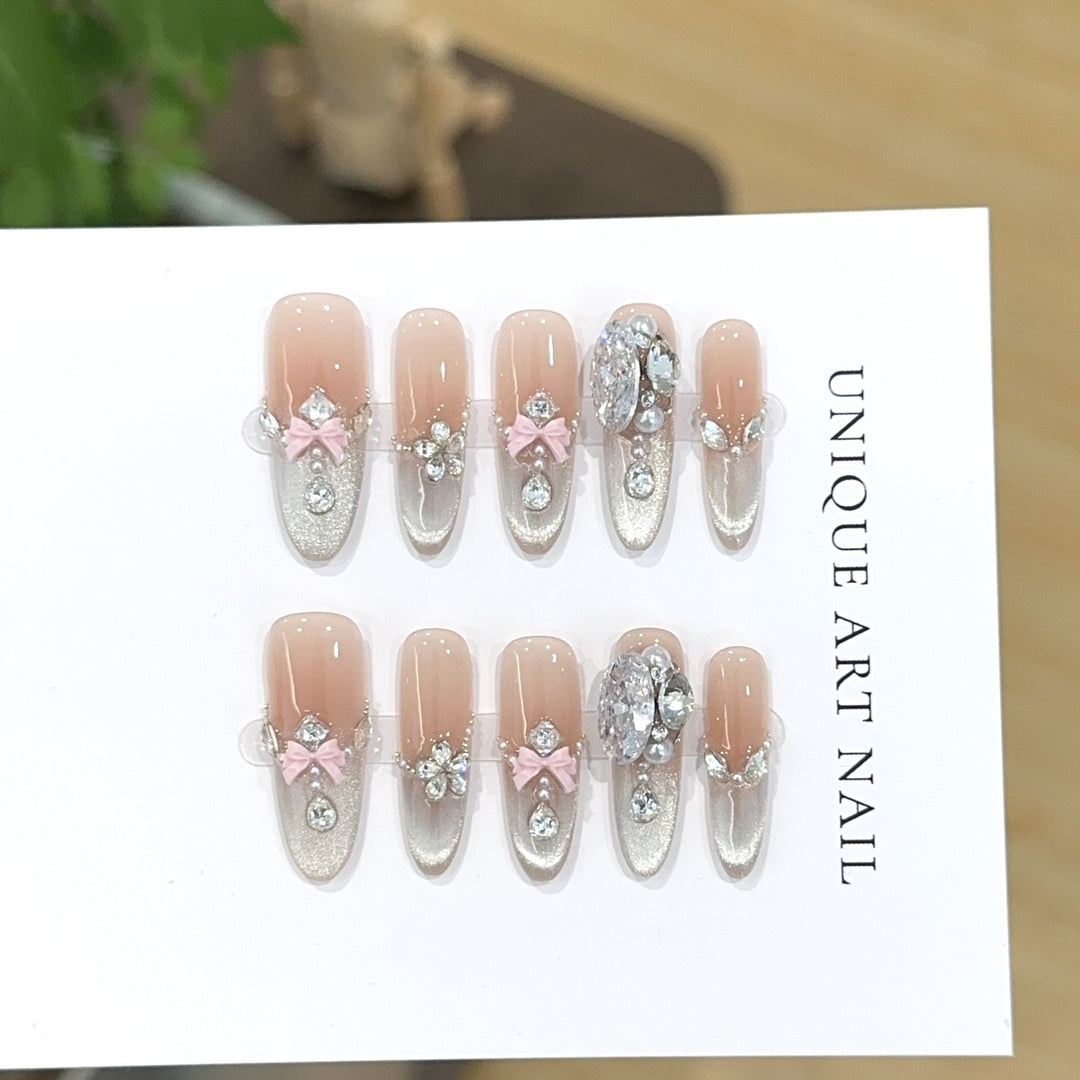 Glamouröse mit Strass und Schleife dekorierte Press-On Nagelset