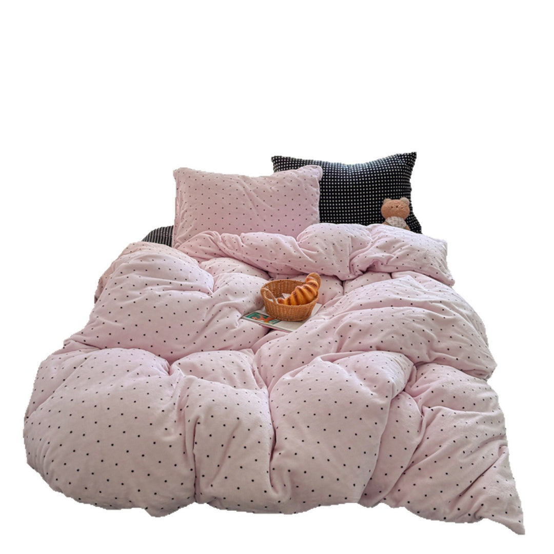 Umkehrbare Floral Flanell Bettbezug Set mit Punktmuster Spannbettlaken und Kissenbezügen