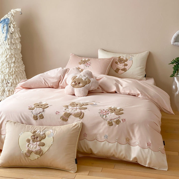 Bestickte Teddy Bear Luxus Baumwoll-Satin Jugend Bettwäsche Set