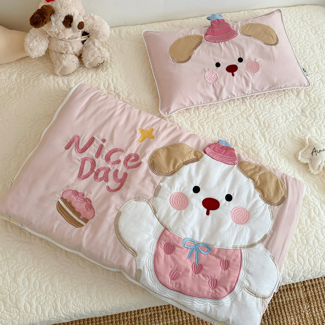 Kinder-Schlafsack und Kissenbezug-Set mit gesteppter Applikation Hundemotiv