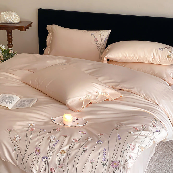 Seidiger bestickter floral Satin Bettbezug Set mit Schleifen-Kissenbezügen