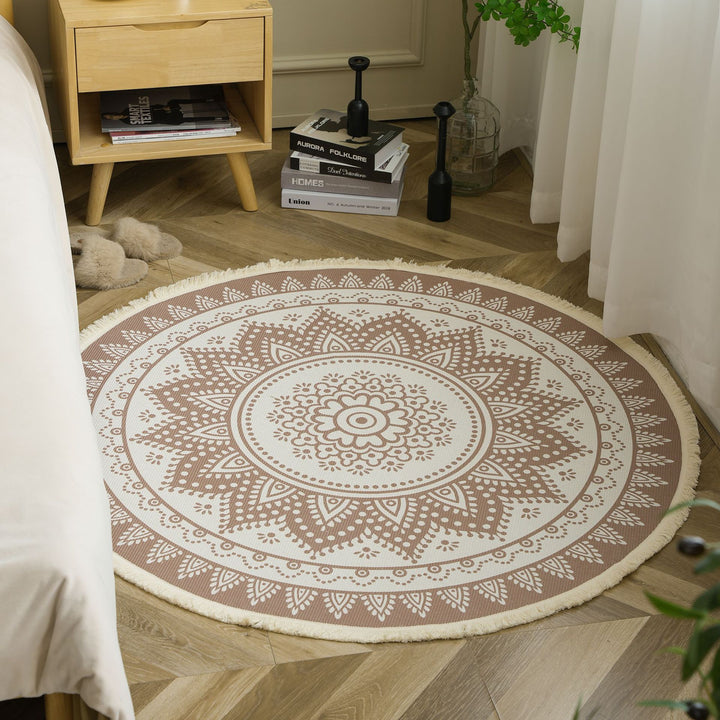 Runder gewebter Teppich mit Mandala‑Motiv, flacher Baumwoll‑Jutemix und Fransen Karnz