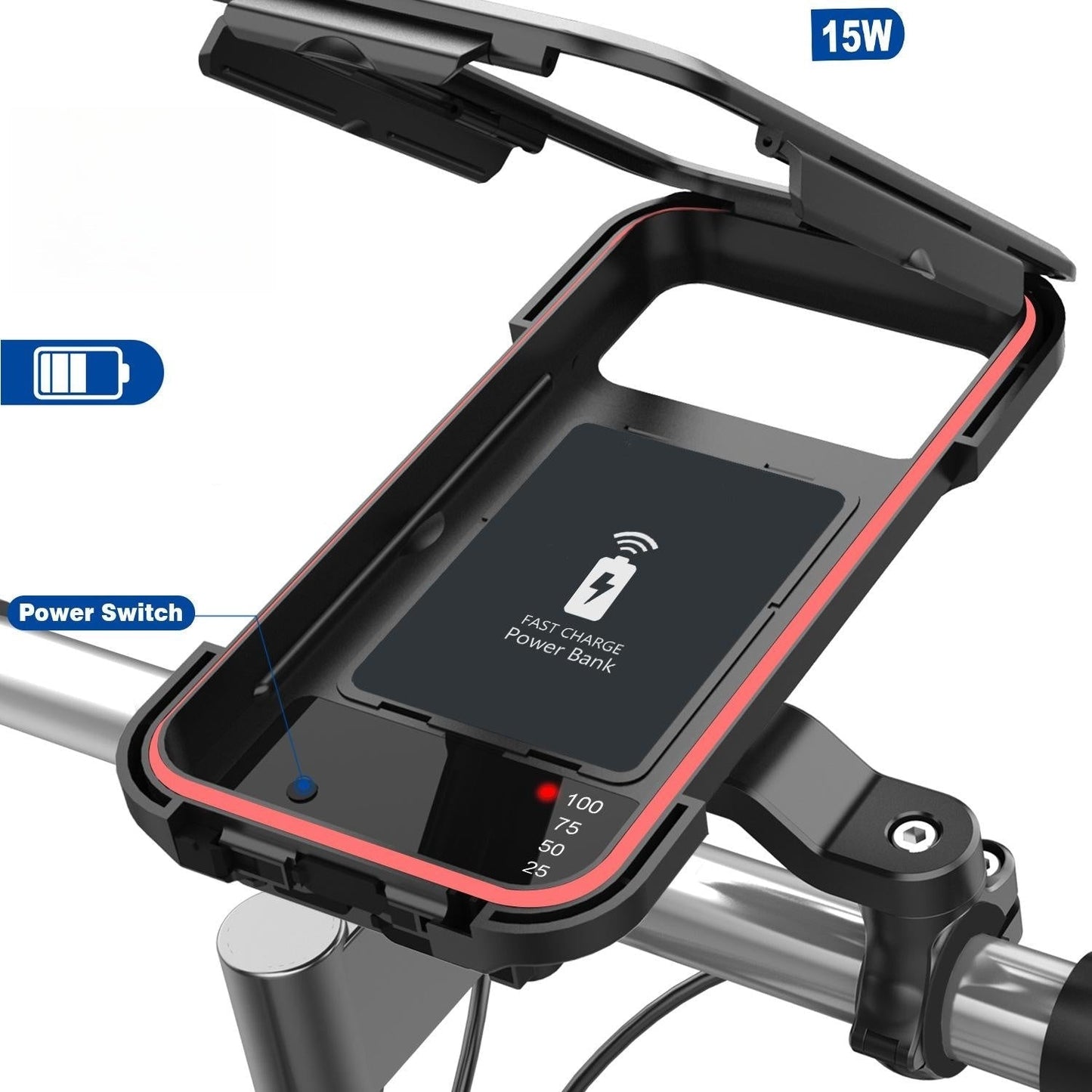 RideCharge Pro – Wasserdichte Handyhalterung mit USB-Anschluss und 15-W-Wireless-Ladefunktion für Fahrräder und E-Bikes