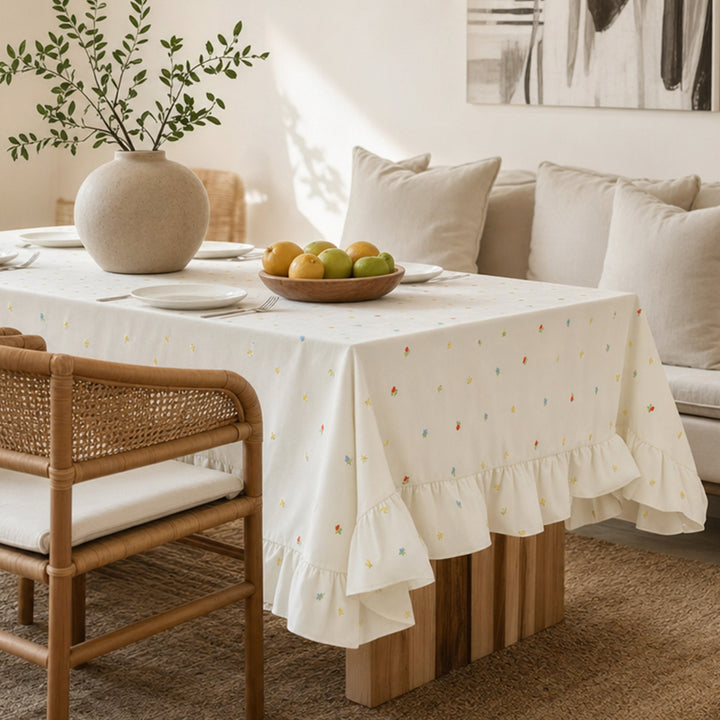 Tischdecke mit besticktem Mini‑Blütenmuster und Volantkante Karnz