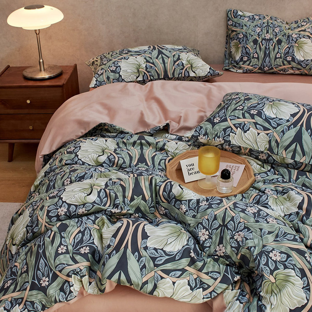 Botanisches Baumwoll-Satin Bettbezug-Set mit umkehrbarem Bezug