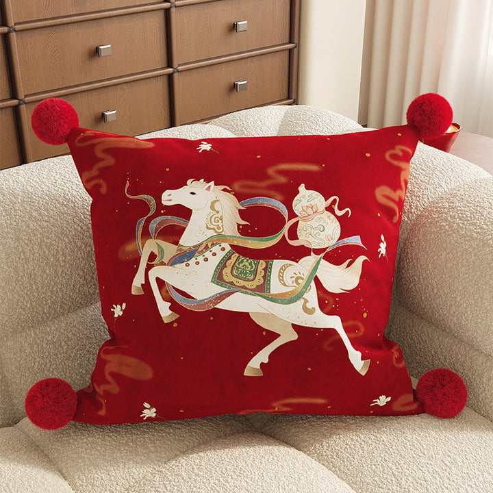 Decorative Square Pom-Pom Throw Pillow Cover with Jacquard Floral Motif