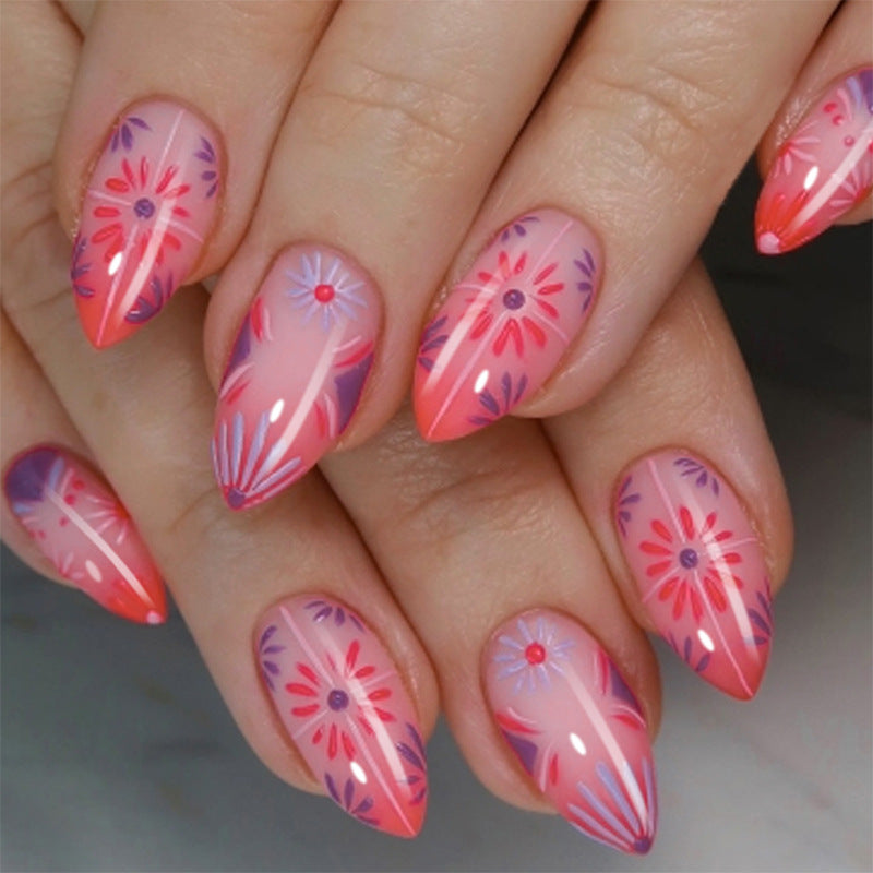Künstlerisches Press-On-Nagelset mit floralen und geometrischen Mustern Karnz