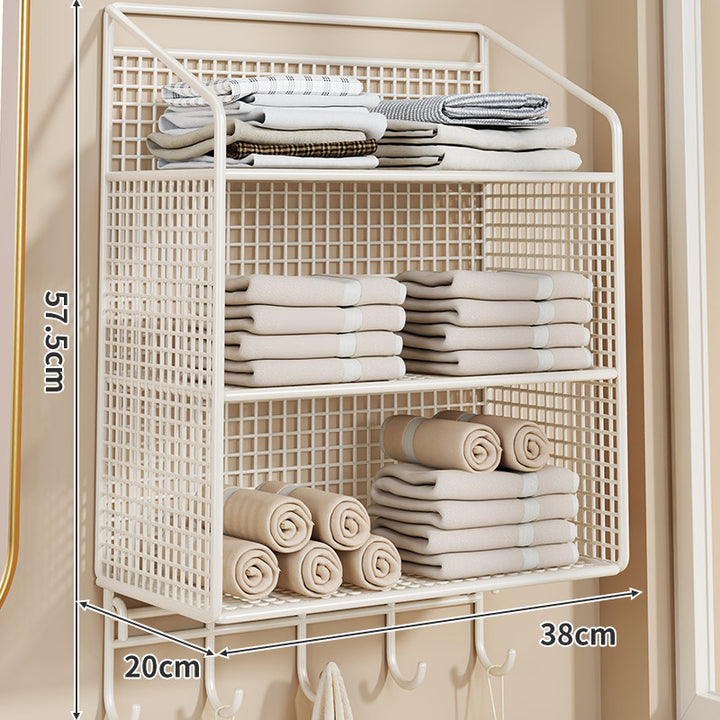 Wandmontierter Gitter-Mesh-Badezimmer-Organizer mit mehreren Regalen und integrierten Haken
