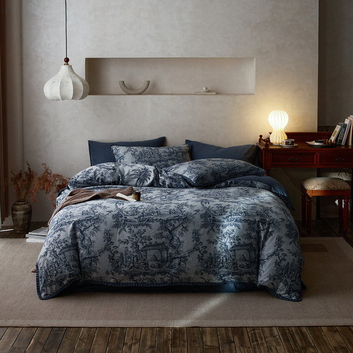 Toile-Muster Baumwollsatin Bettbezug Set mit passenden Kissenbezügen