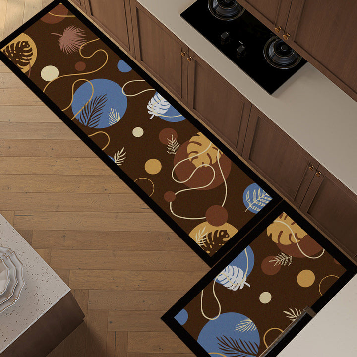 Non-Slip Absorbent Kitchen Runner and Matching Small Entrance Mat Set with Tropical Leaf Abstract Print