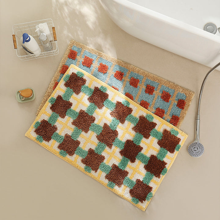 flauschige Bad- und Fußmatte aus Baumwoll-Tufting mit Retro-Karo-Muster