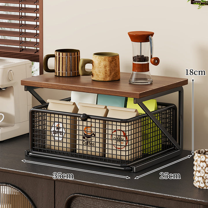 Küchenarbeitsplatte Kaffee Station Organizer mit Holzoberfläche und Metalldrahtkorb