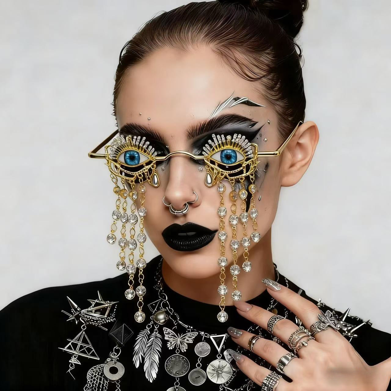 Damen kreative Glanzbrille mit Augenmotiv und funkelnden Verzierungen Karnz